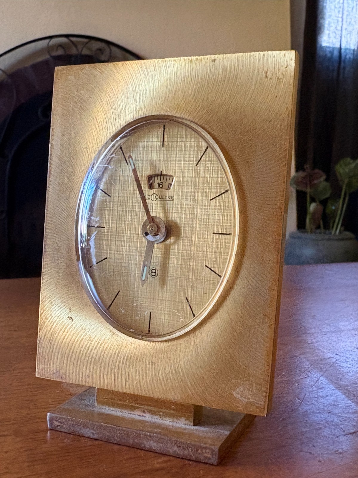 Vintage Jaeger LeCoultre 8-Day Desk Clock Brass Date Window - Running, Swiss