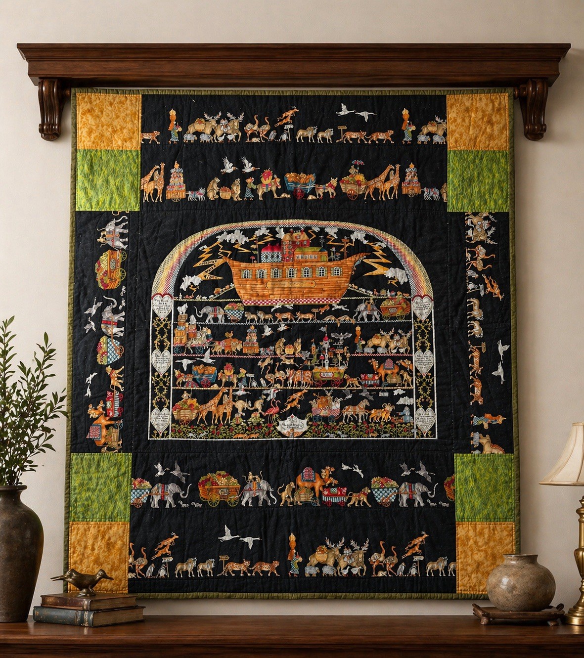 Vintage Noah’s Ark Wall Hanging Quilt 42”x46” Folk Art Animal Quilt