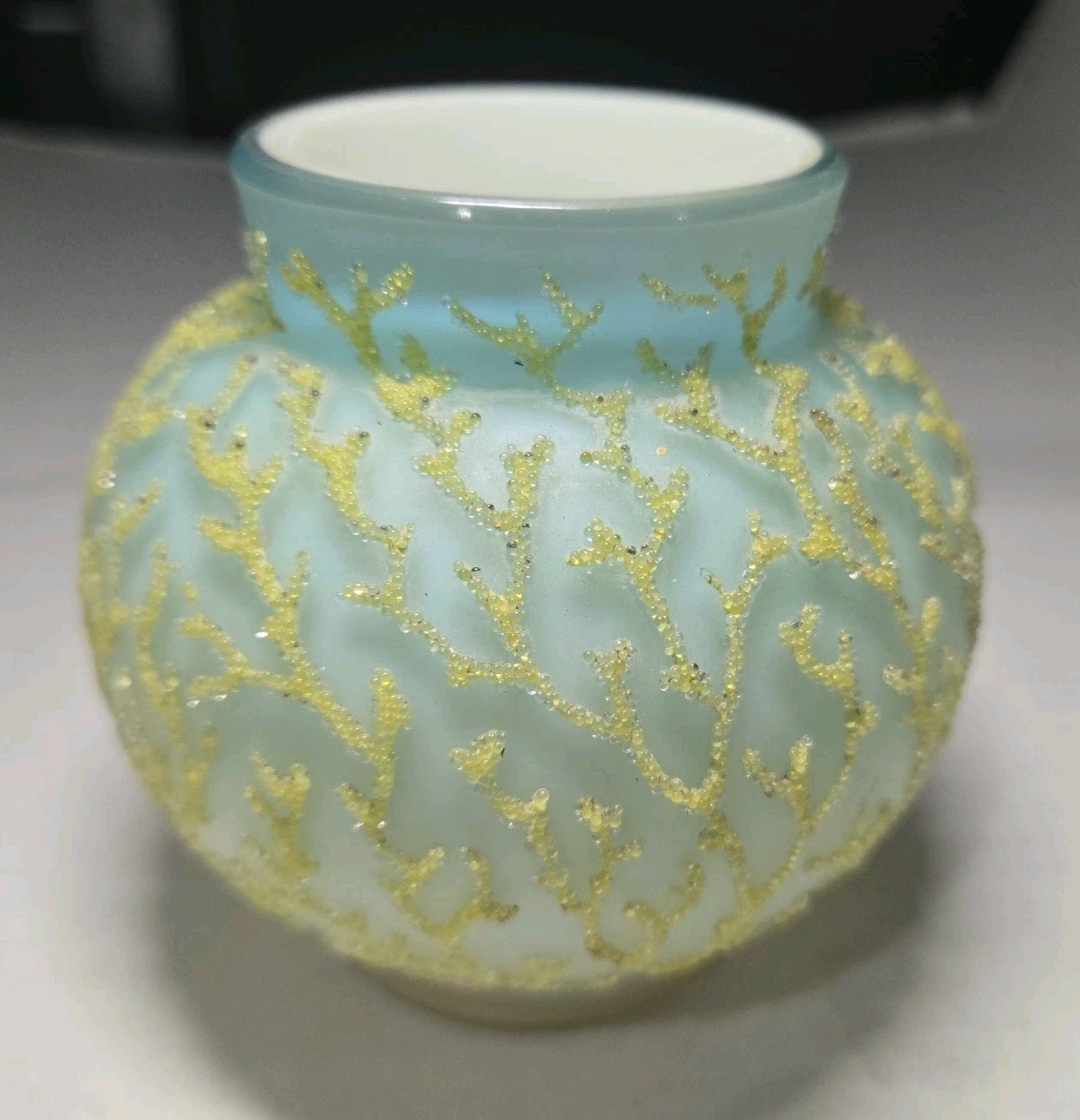 Vtg 1900s Mt. Washington Rainbow Coralene Satin Art Glass Vase 4 In. Vtg 1900s Mt. Washington Rainbow Coralene Satin Art Glass Vase 4 In.