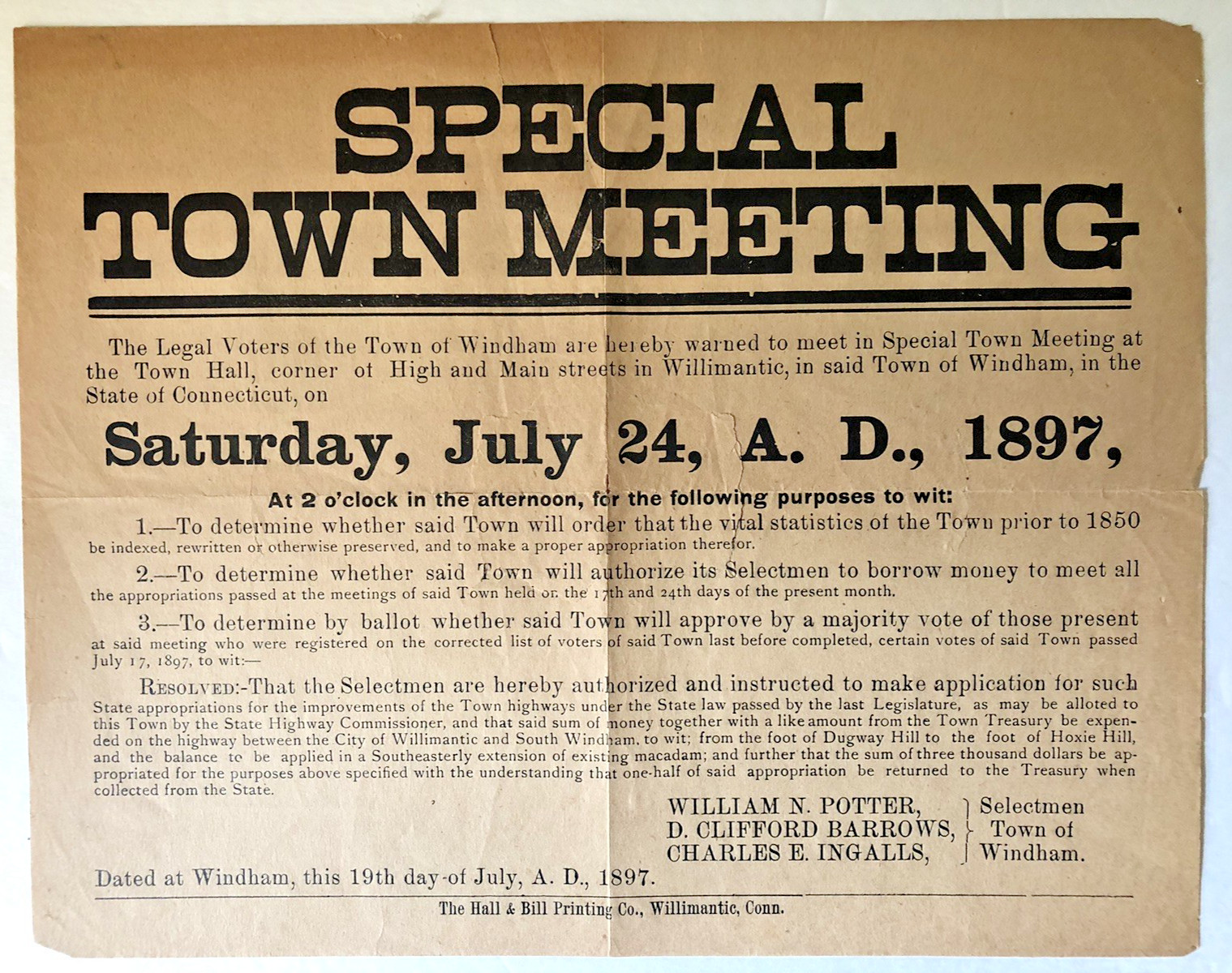 WINDHAM CT 1897 Broadside SPECIAL TOWN MEETING William N. Potter Selectmen RARE