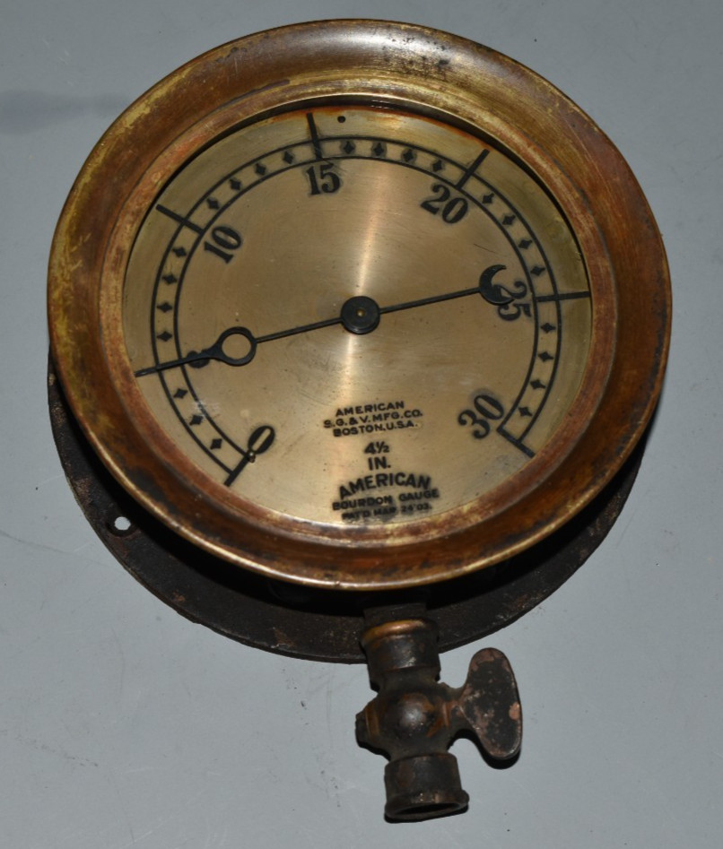 Antique Brass Steam Pressure Gauge American Bourdon Gauge Co Boston 4.5\ Antique Brass Steam Pressure Gauge American Bourdon Gauge Co Boston 4.5\