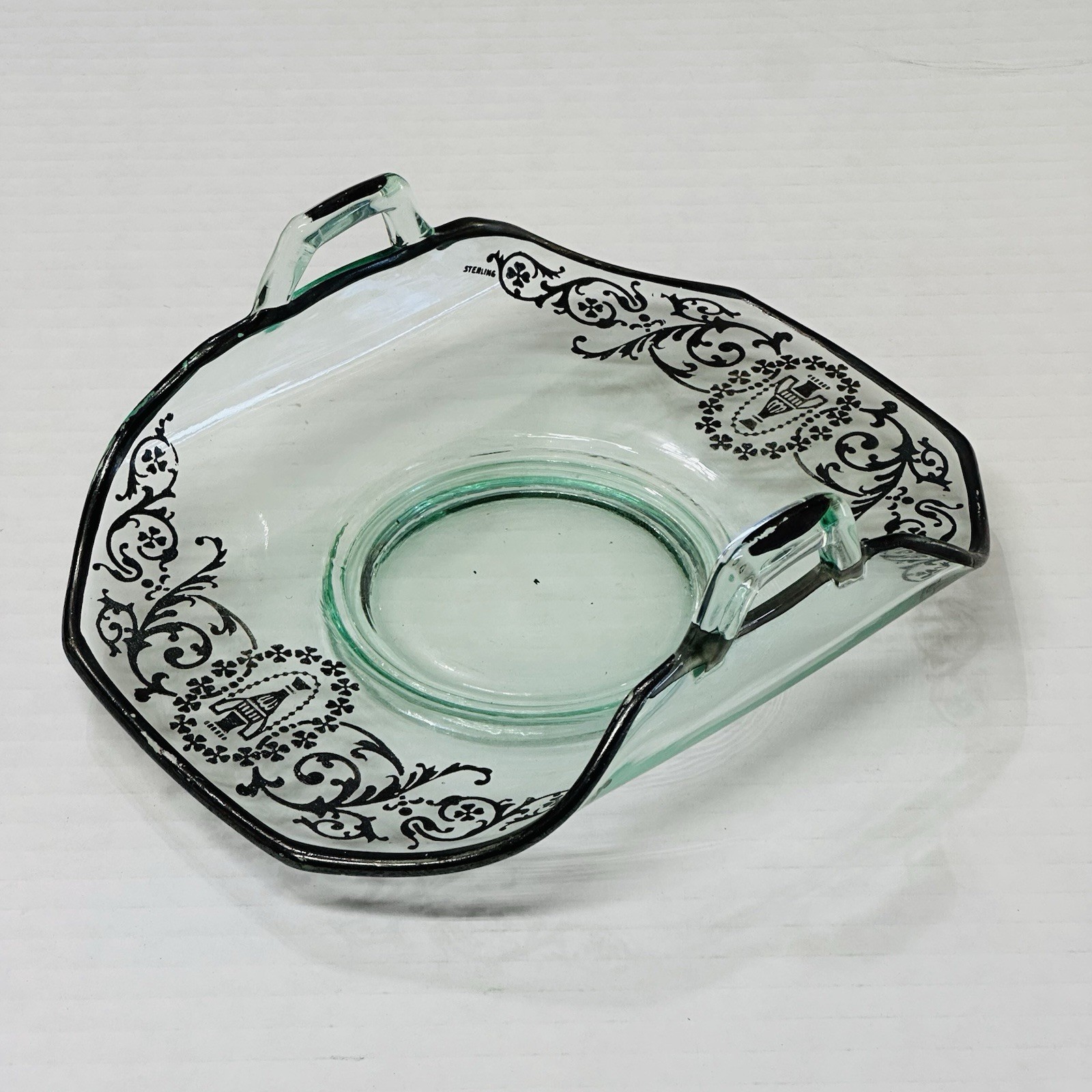 Vintage Fostoria Glass Sterling Silver Overlay Bonbon Server Dish Handled 6”