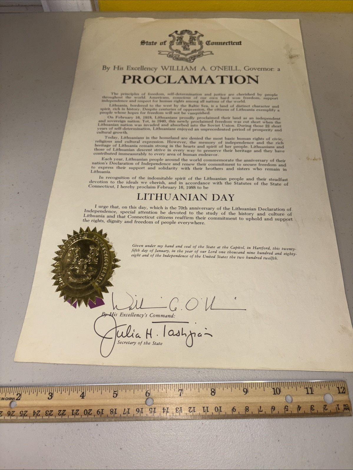 1988 Official Connecticut Governor William O’Neill Proclamation Lithuanian Day
