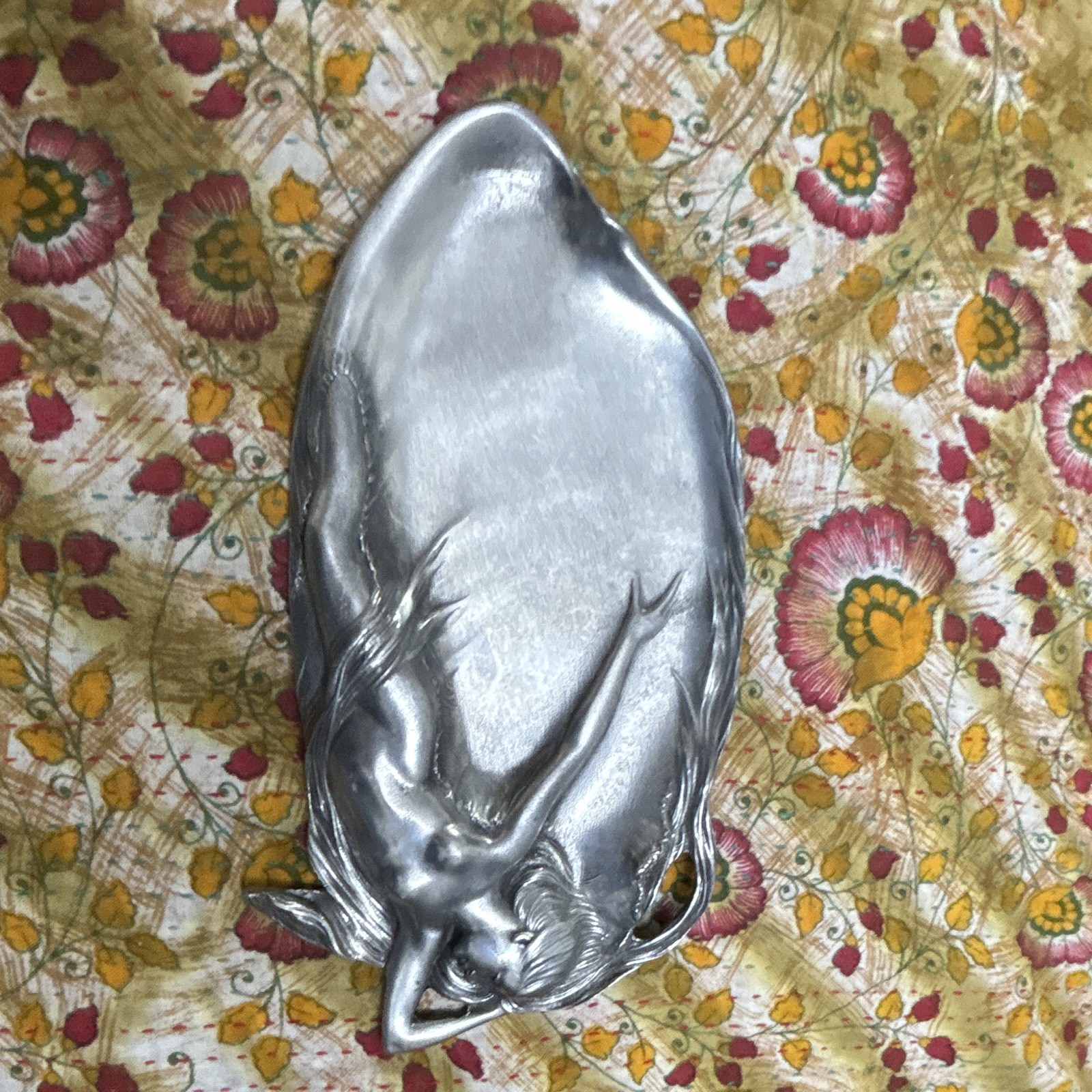 Silver Metal Tray Platter with Reclining Nude Figure Artistic Design