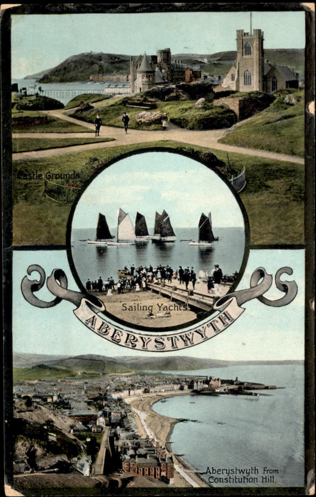 Aberystwyth Wales Castle Grounds, Sailboats, Aerial View c1915 Vintage Postcard