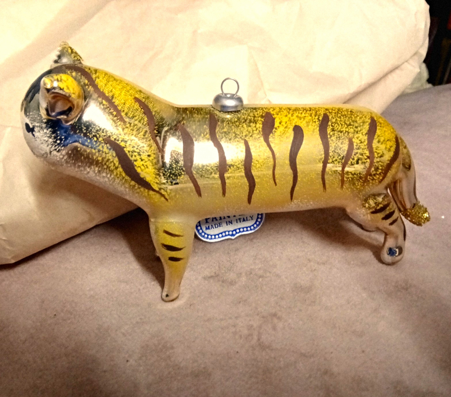 VINTAGE DE CARLINI ITALY BLOWN GLASS TIGER ORNAMENT - NEIMAN MARCUS EXCLUSIVE