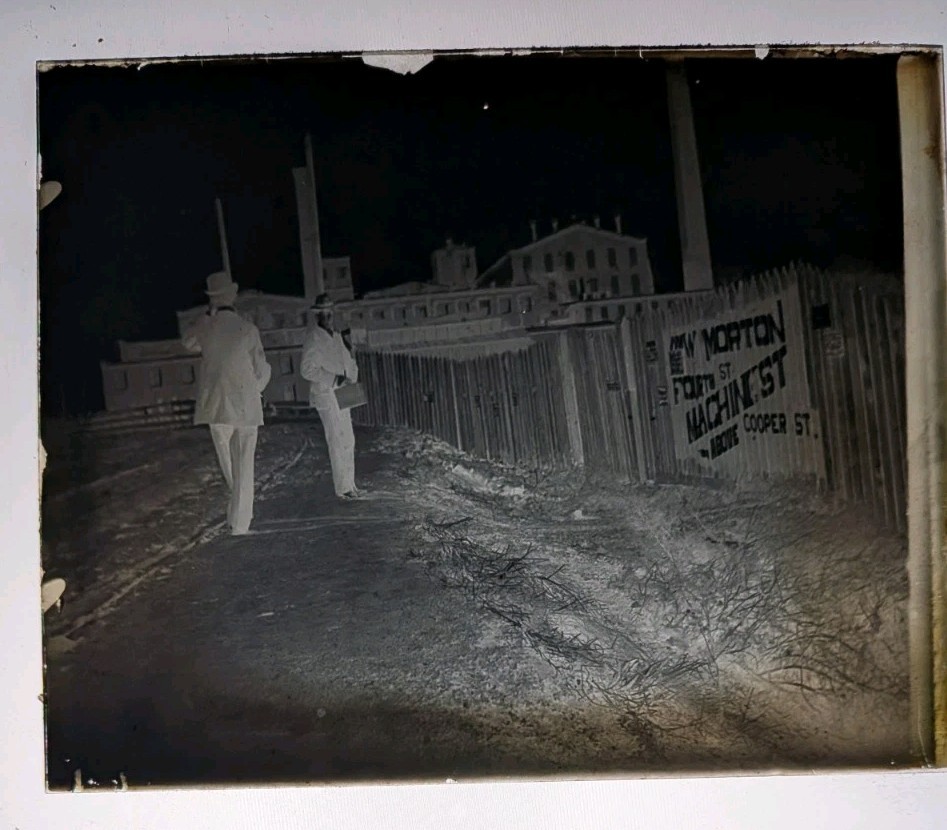 Antique Glass Plate Negative Camden NJ W. Morton Machinist Sign Street Scene