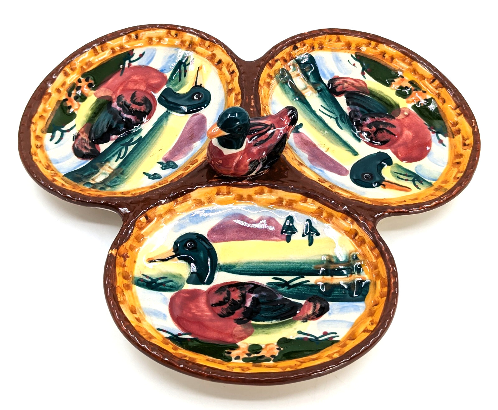 NOS Vintage Mid-Century Raised Relief Earthenware Duck 3-Compartment Dish
