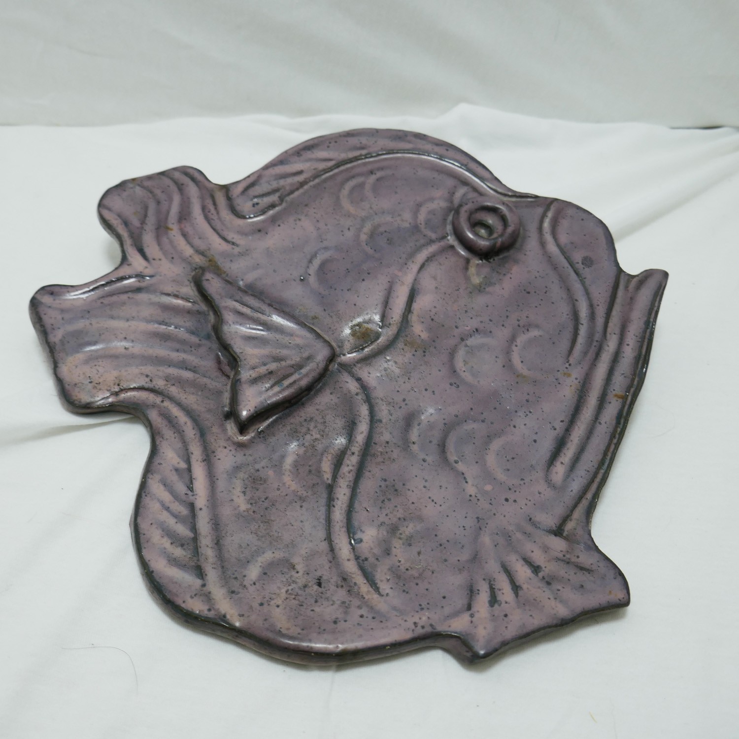 Ceramic Fish Wall Hand Made Hanging Figurine with Seashell Hanger Pottery Purple