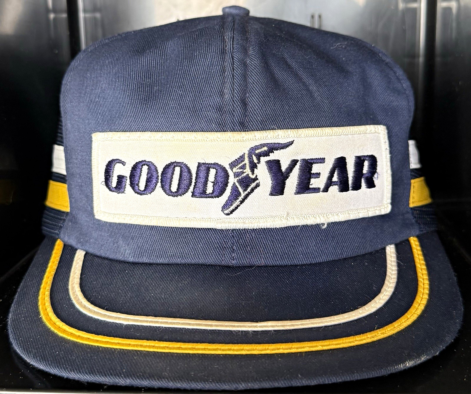 Vintage Goodyear Racing Hat Swingster USA Snapback Mesh Trucker Cap 80s Blue