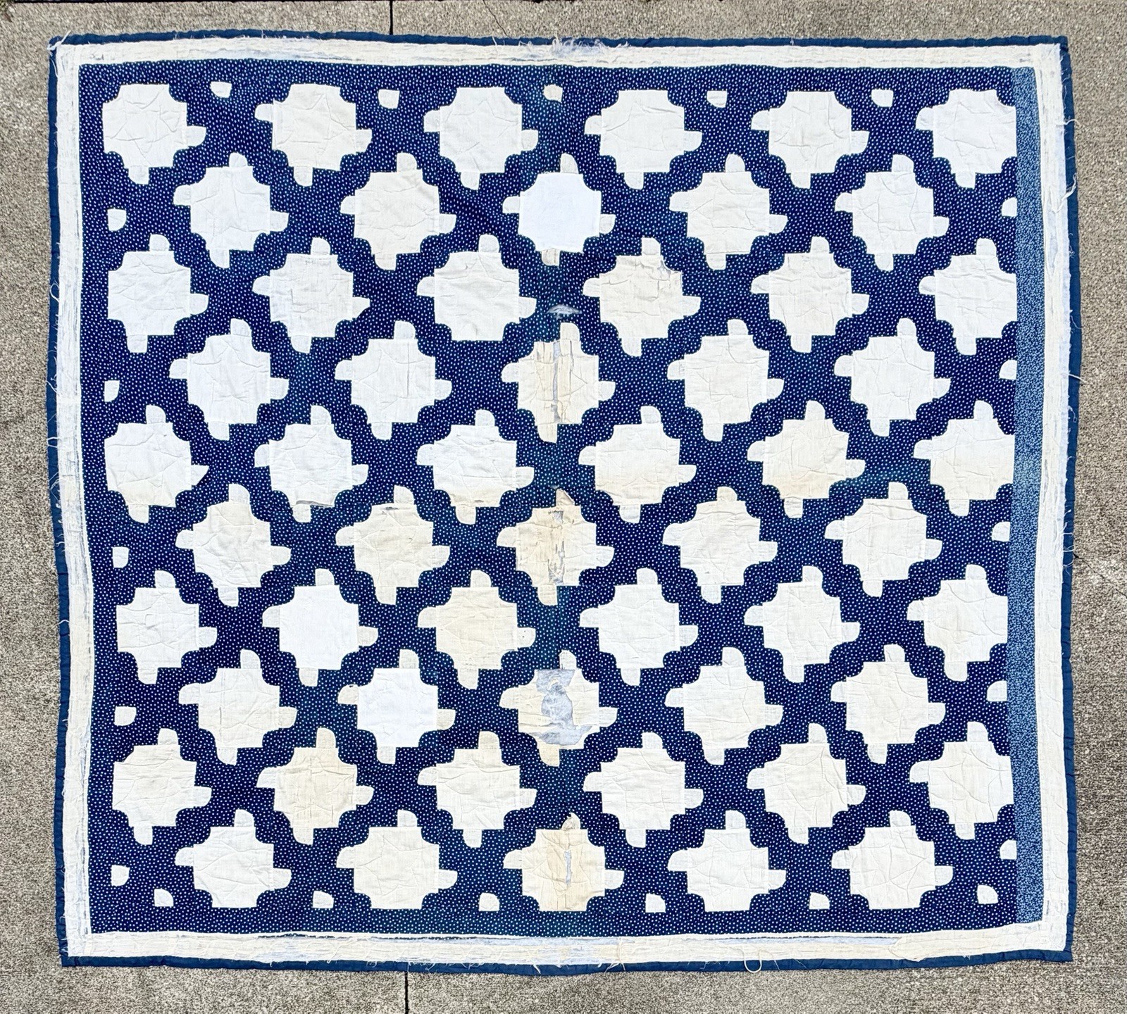 Vintage Antique Hand Stitched Drunkards Path Quilt Blue & White 70x77” CUTTER