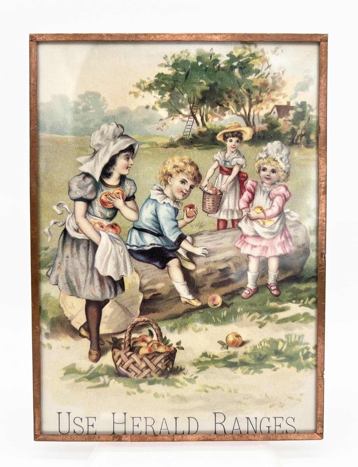 Antique 1890s Herald Ranges Framed Advertising Trade Card Victorian Children