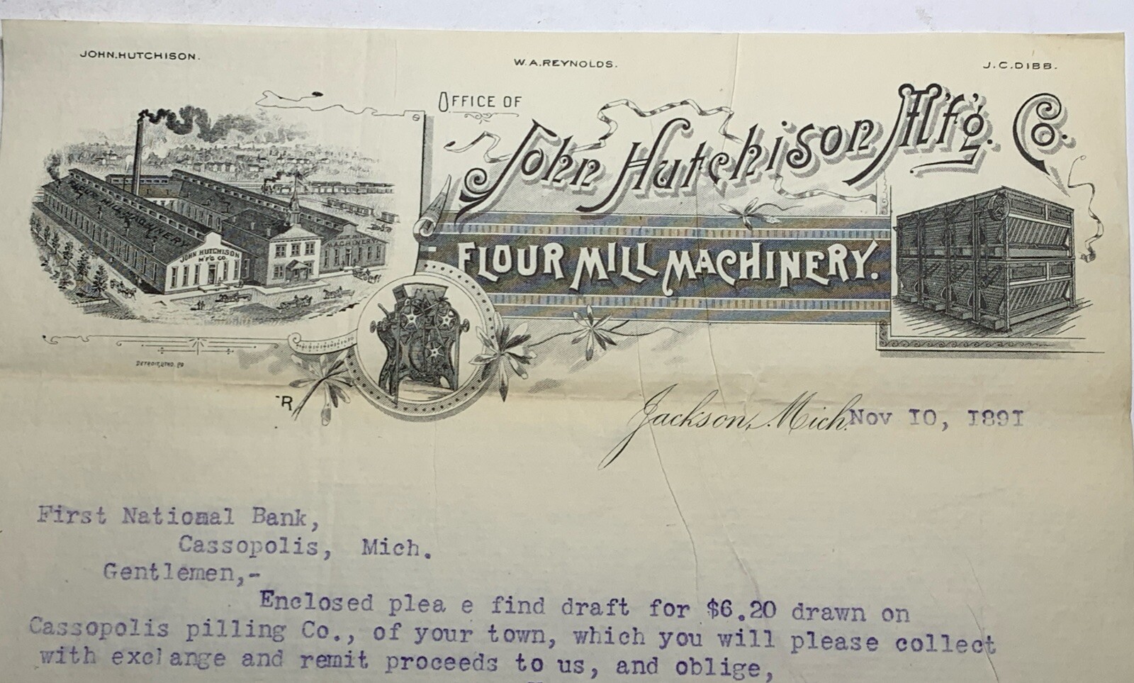 Letterhead John Hutchinson Flour Mill Machinery MFR Jackson Michigan 1891 RARE Letterhead John Hutchinson Flour Mill Machinery MFR Jackson Michigan 1891 RARE