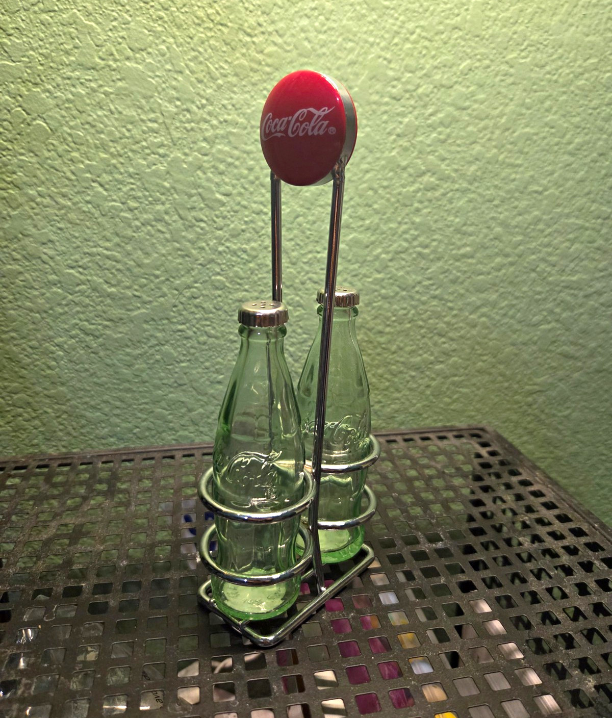 Coca-Cola 2-Bottle Metal Carrier Caddy, Red Logo Handle, Salt & Pepper Set