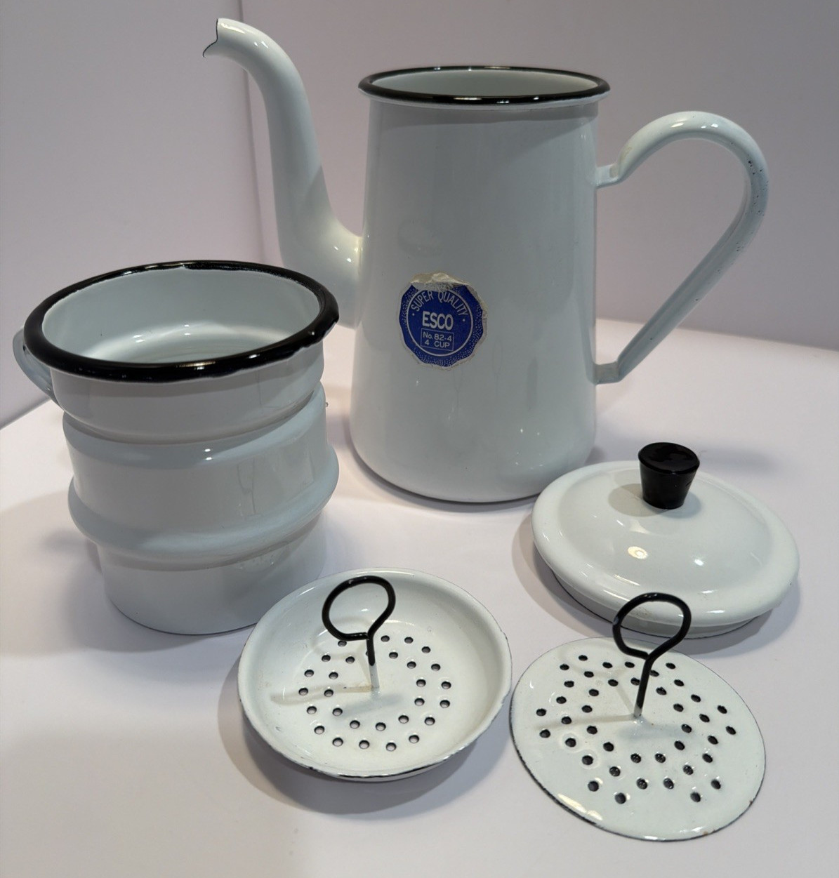 French Drip Coffee Pot Biggin Vintage White Enamel 5 Piece Black Trim Esco 4 Cup