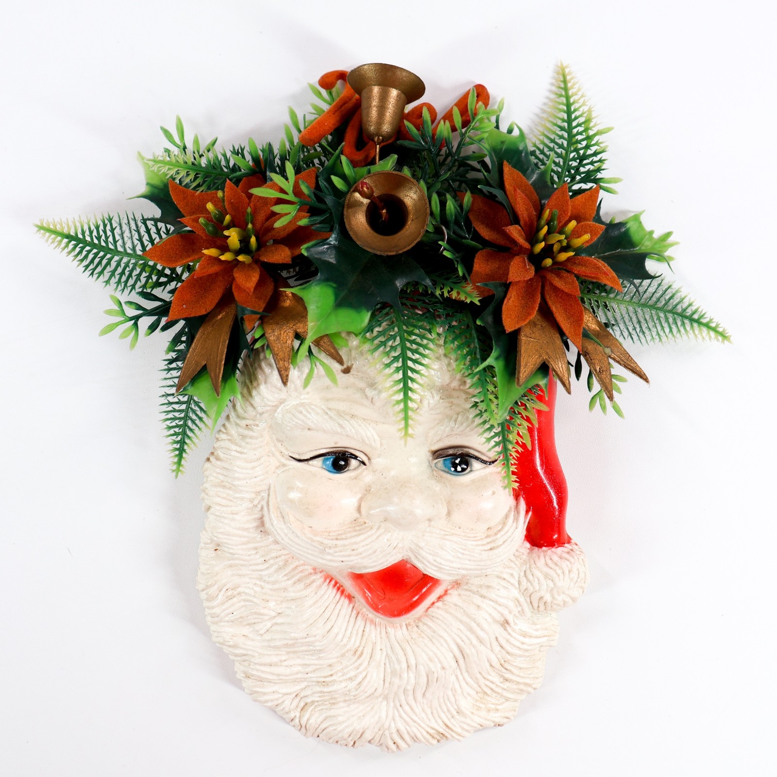 Vintage Santa Plastic Flocked Flowers 1970s Kitschy Wall Hanger Bells Hong Kong