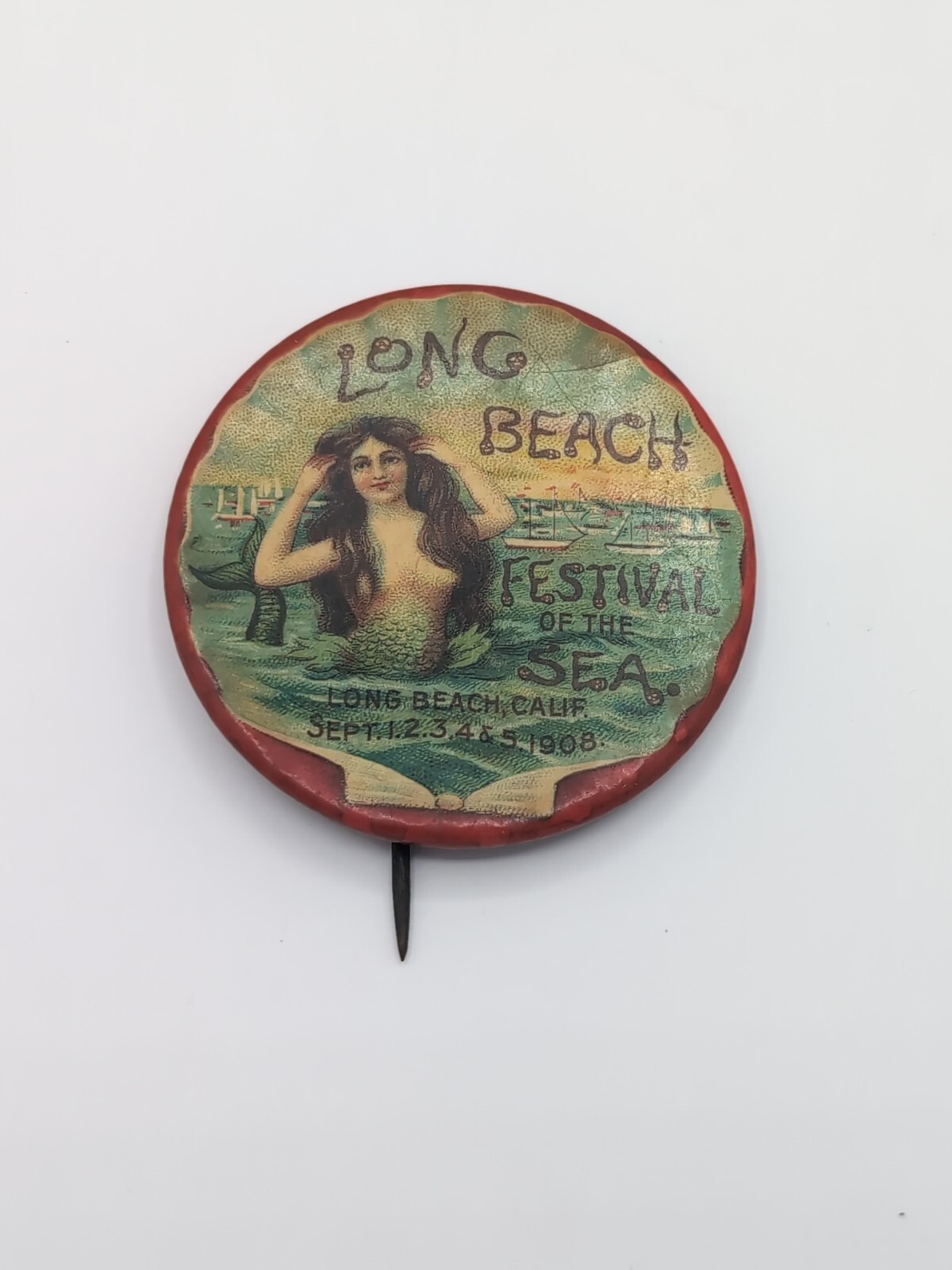 Antique 1908 Long Beach Festival Of The Sea MERMAID Pinback Pin Button