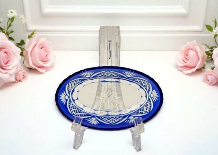 Vtg. Czech Bohemian Cobalt Blue Cut to Clear Small Oval Trinket or Salt Dish