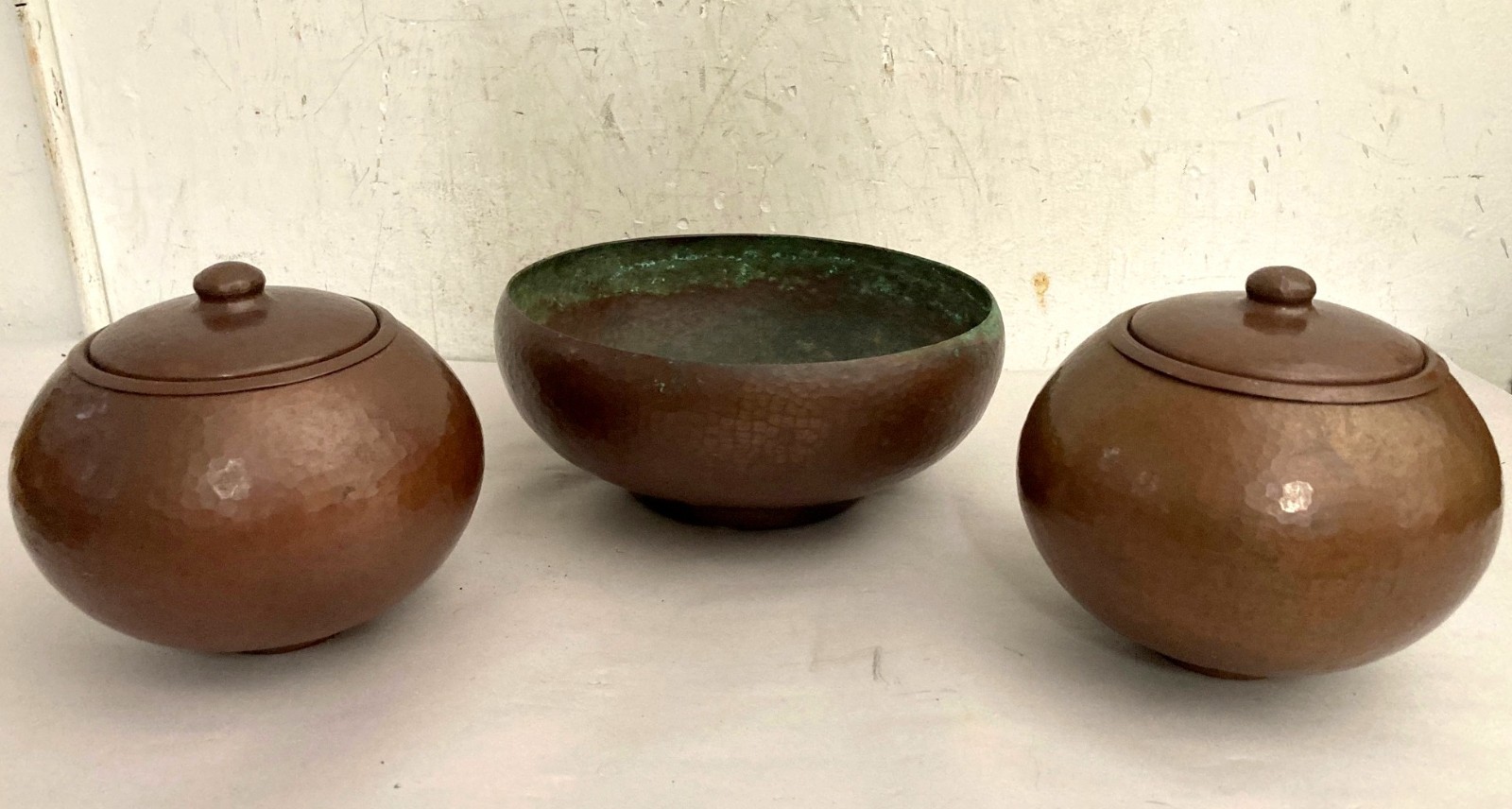 Vintage Hand Hammered Copper 3 Piece Set in the Arts & Crafts Style Vintage Hand Hammered Copper 3 Piece Set in the Arts & Crafts Style