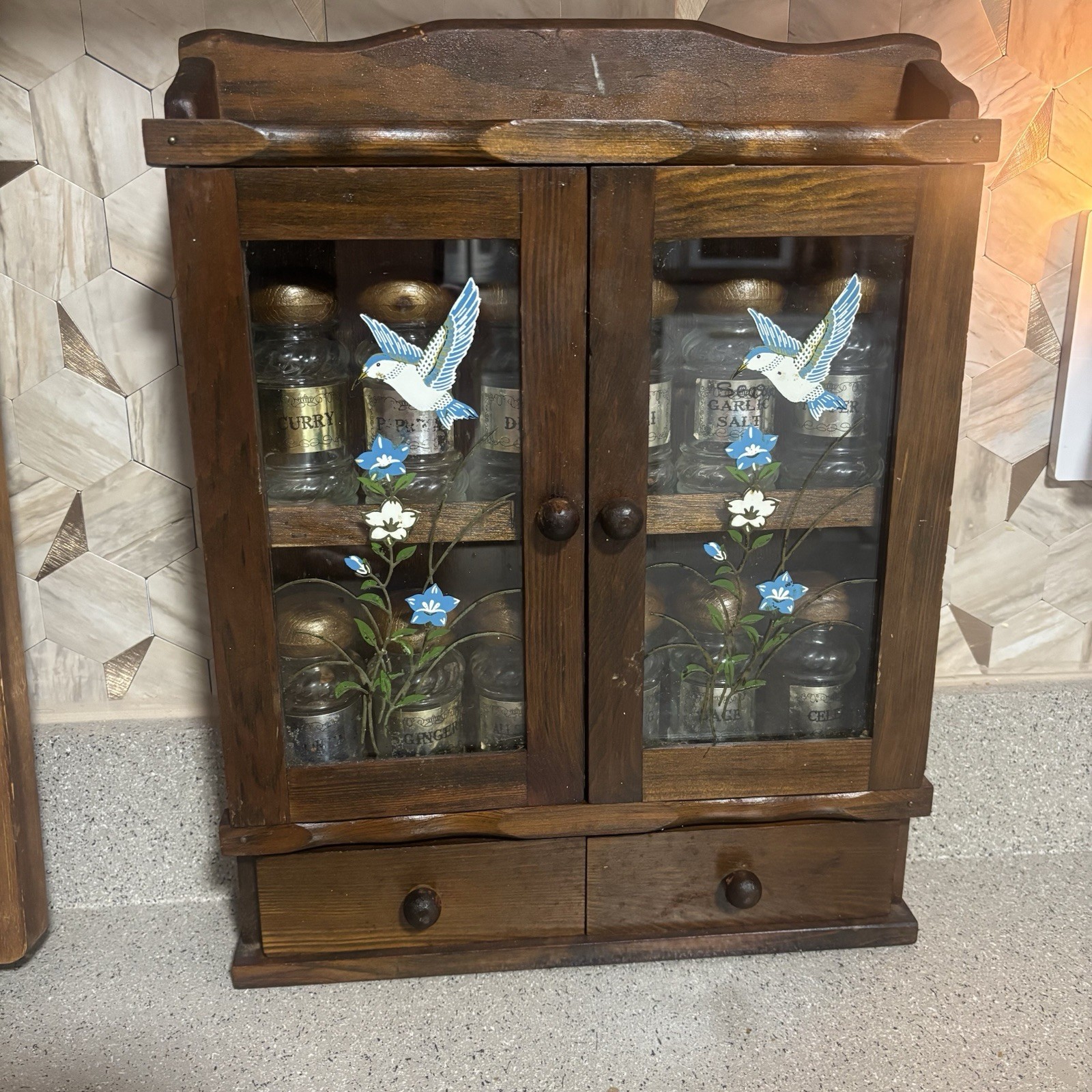 Vintage Wood Bluebird Wildflowers Spice Cabinet Apothecary Glass Cottagecore
