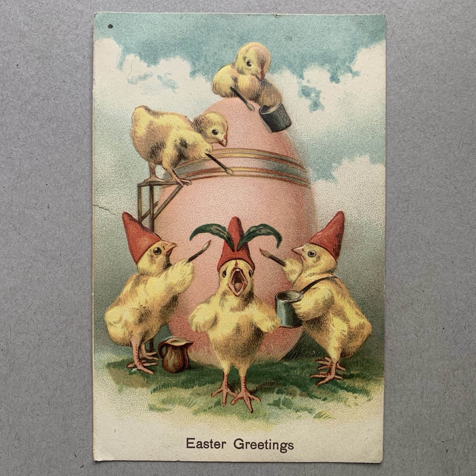 Easter Greetings Chicks Red Hats Decorating Giant Egg German Embossed Postcard