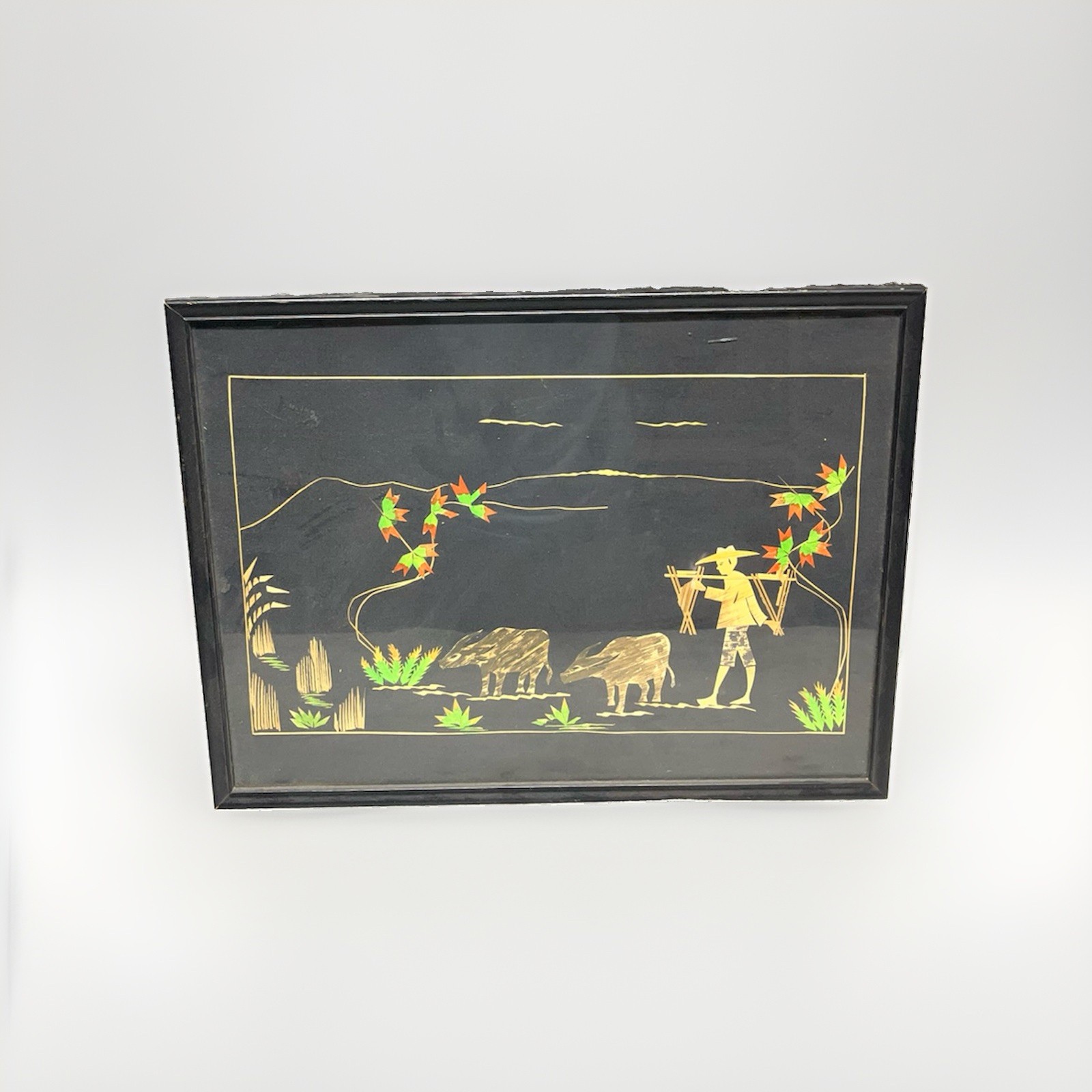 Vintage Mid Century Asian Straw Art Framed Black Velvet Farmer Water Buffalo MCM