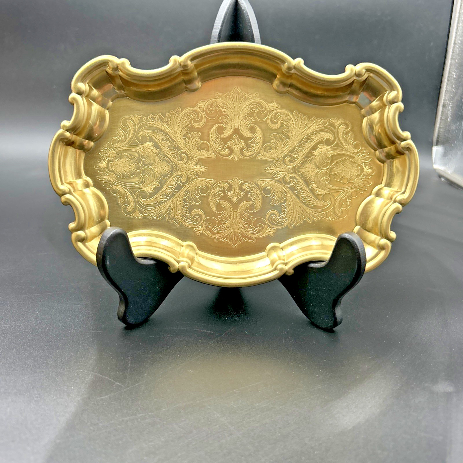Hollywood Regency Gold Finish Etched Metal Tray 9
