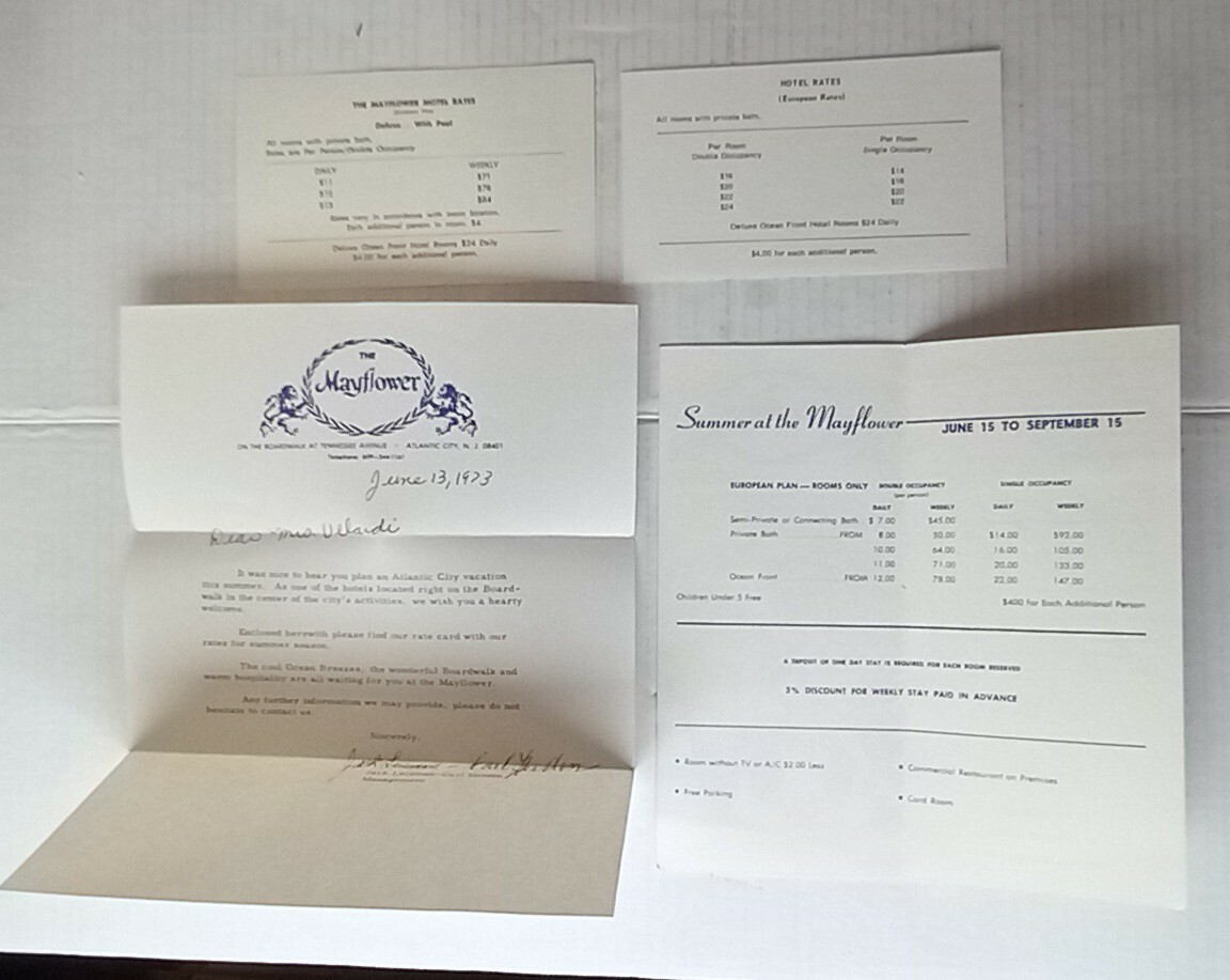 1973 The Mayflower Hotel /Guest Letter Brochure Tennessee Ave. Atlantic City NJ 
