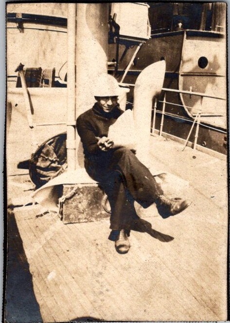 Antique B/W Photograph Photo Sailor on Deck of Ship 3 1/4