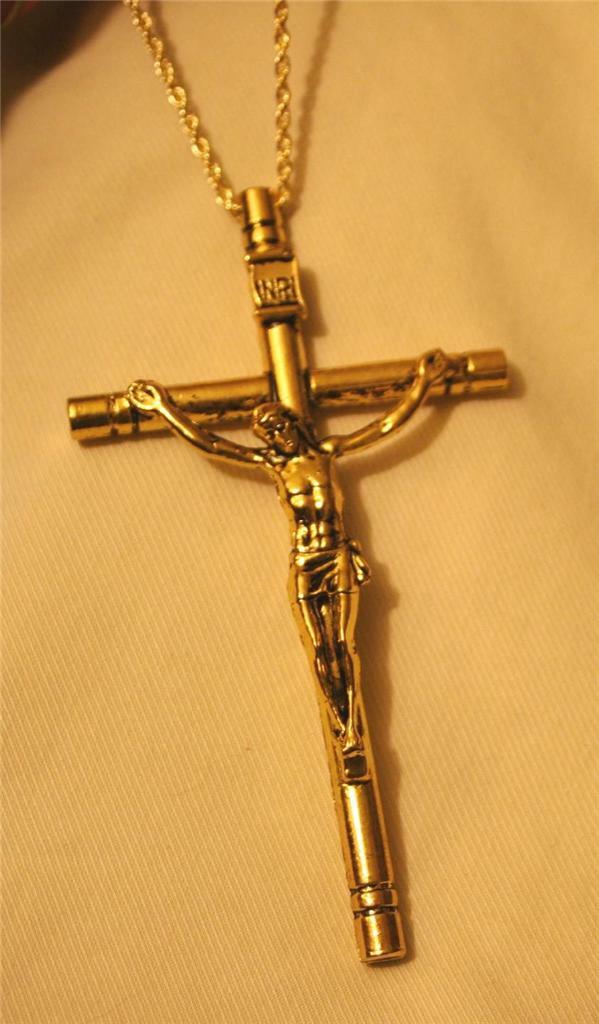 Handsome Large Line-Beveled Goldtone Crucifix Cross Necklace