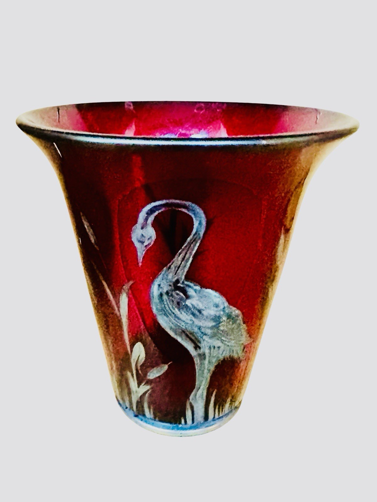 MCM Bohemian Ruby Red Glass Vase Enamel Crane Heron Czech Art Glass