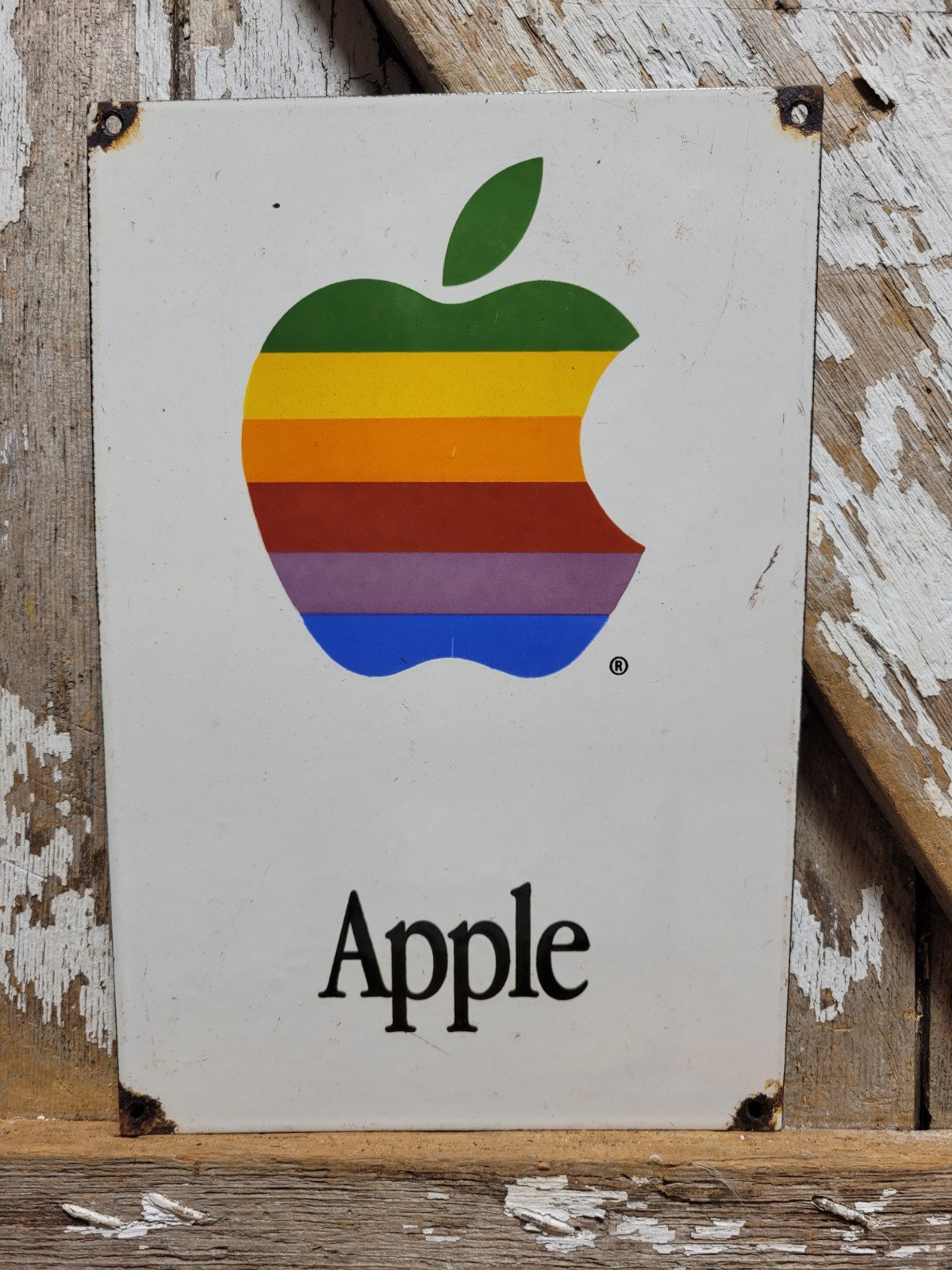 VINTAGE APPLE COMPUTERS PORCELAIN SIGN OLD ELECTRONIC STORE ADVERTISING RAINBOW