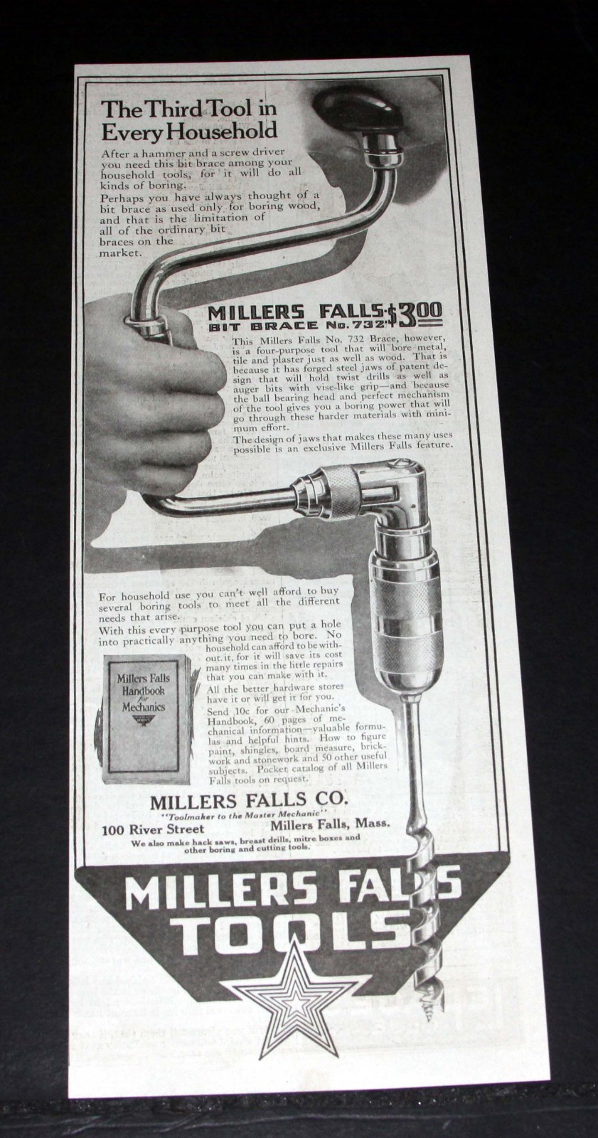 1917 OLD WWI MAGAZINE PRINT AD, MILLERS FALLS TOOLS, BIT BRACE NO 732, 3RD TOOL