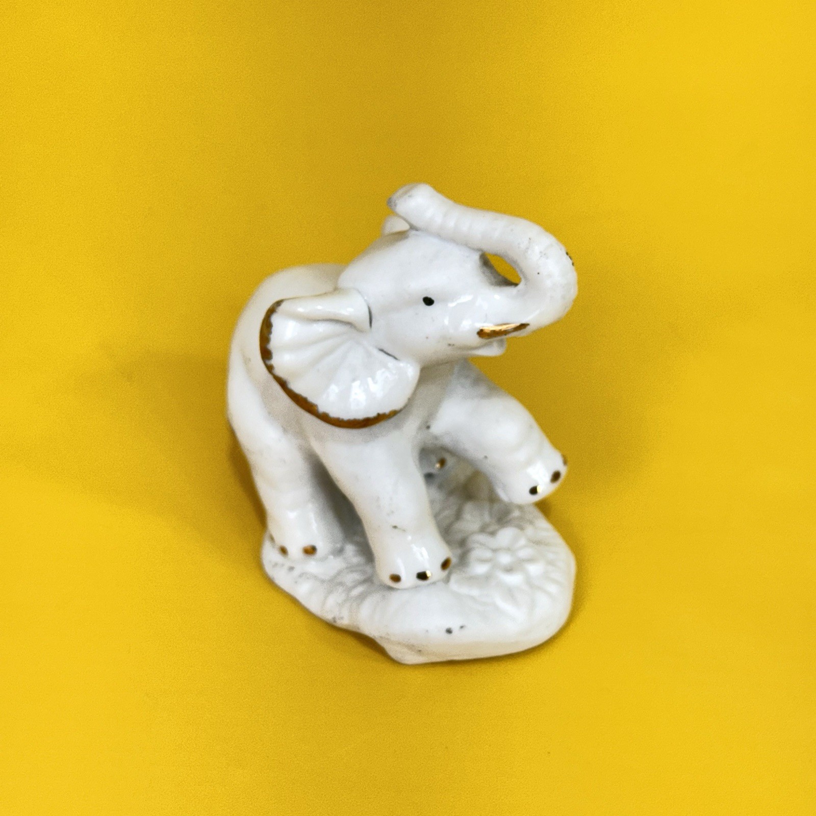 Vintage Areaux White Porcelain Elephant Figurine Gold Trim Collectible 3.5 Inch