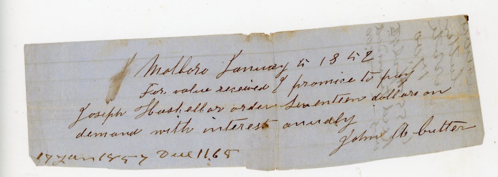 1852 Antique Promissory Note Marlboro VT Signed John A. Cutter Joseph Haskell 1852 Antique Promissory Note Marlboro VT Signed John A. Cutter Joseph Haskell