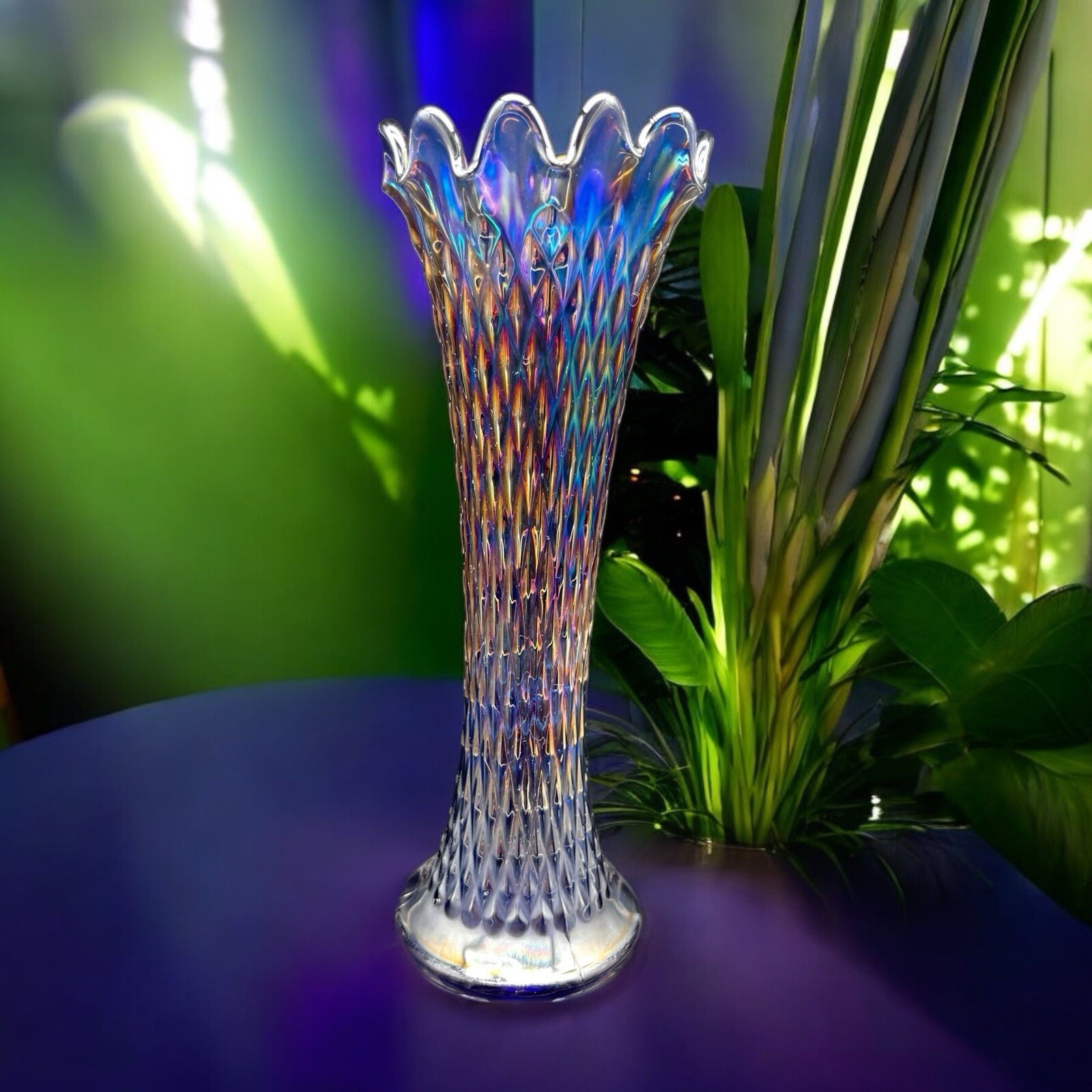 Antique Northwood Diamond Point Carnival Glass Swung Vase Electric Blue