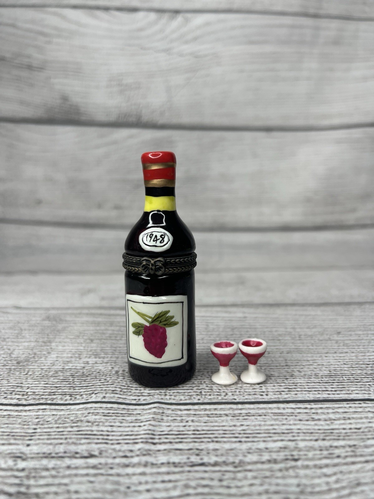 VTG PHB Style Bottle Of Wine Porcelain Hinged Trinket Box W/ Glasses And Stool