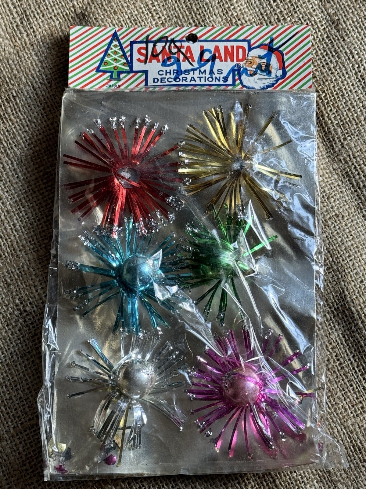 Vtg NOS 6 Christmas Mercury Glass Ball Tinsel Starburst Ornaments Decor~2 Broken