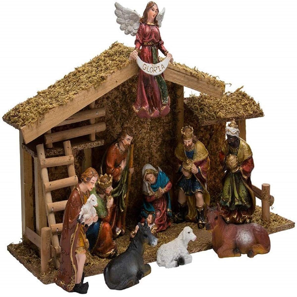 Kurt Adler 12-Piece Nativity Scene Set with Wooden Stable Christmas Decor