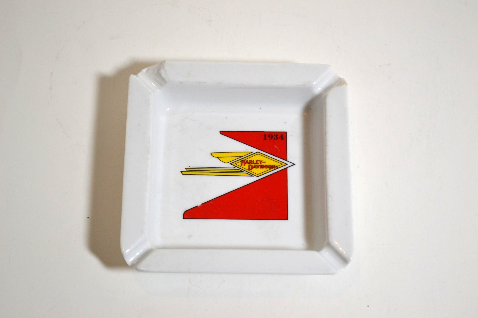 Vintage Harley Davidson Square Ashtray Logo White Ceramic