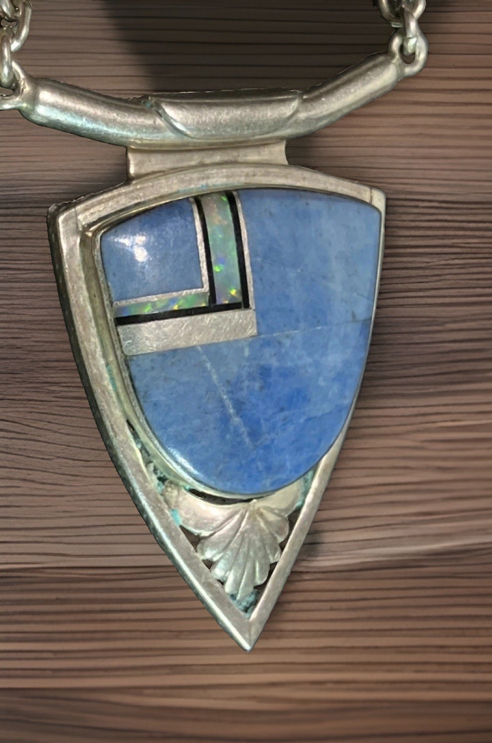 VC Native American Vintage Handmade Denim Lapis Onyx Opal Inlay Necklace 18” Sig