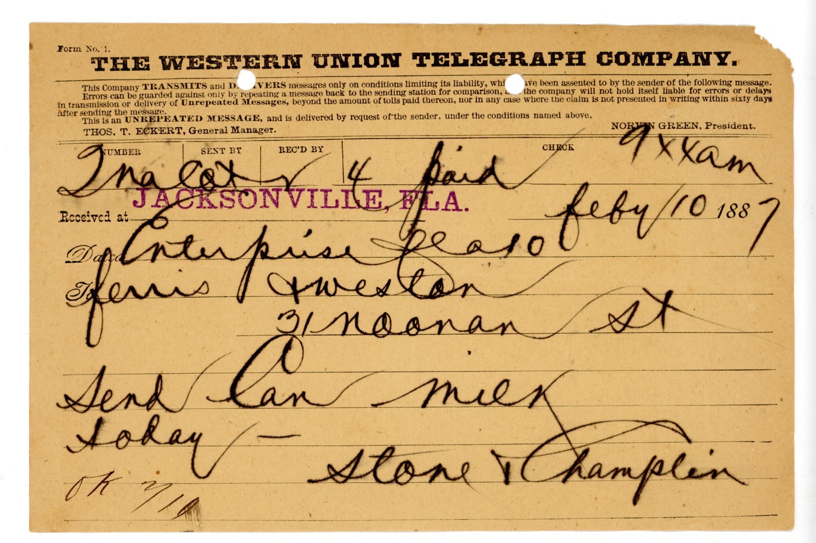1887 Western Union Telegram Jacksonville FL Enterprise Send can milk today