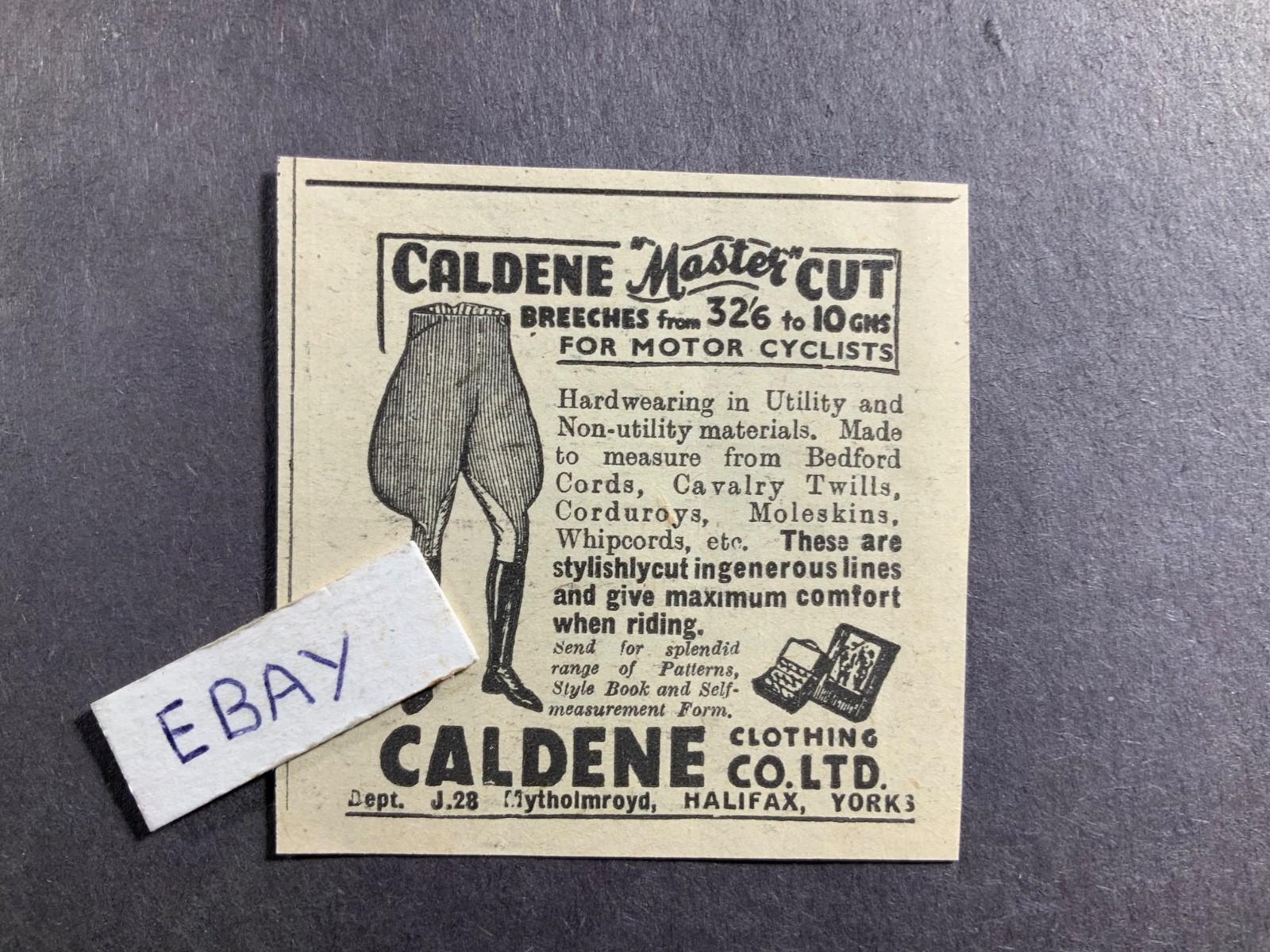 1952 British Print Ad. Caldene Clothing LTD. Halfax, York, UK. Breeches motorcyc