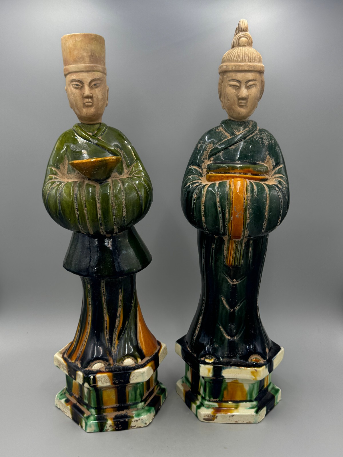 Pair Ming‑Style Sancai Pottery Attendant Tomb Figurines Display Statues 20\'\' 