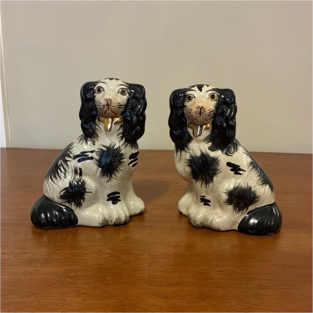 English Staffordshire Dog Figurine Pair Black Spots
