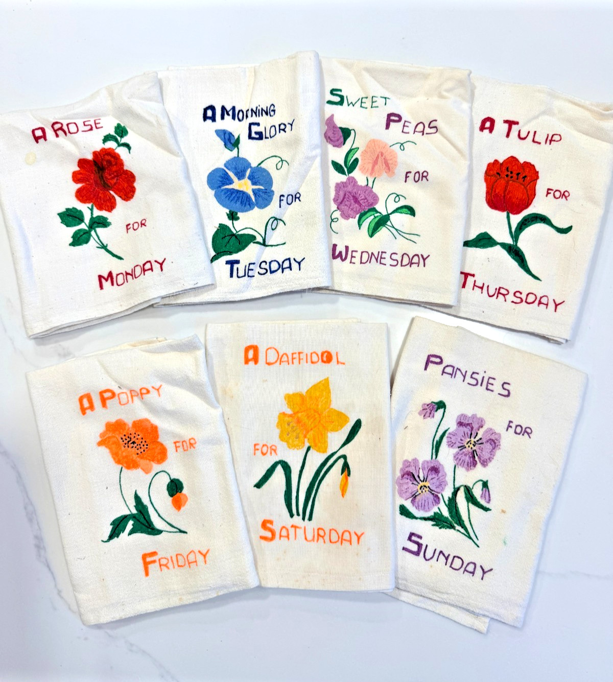 VTG 1950s Days of the Week Flowers Towels Liquid Embroidery/Artex Vogart #215 VTG 1950s Days of the Week Flowers Towels Liquid Embroidery/Artex Vogart #215