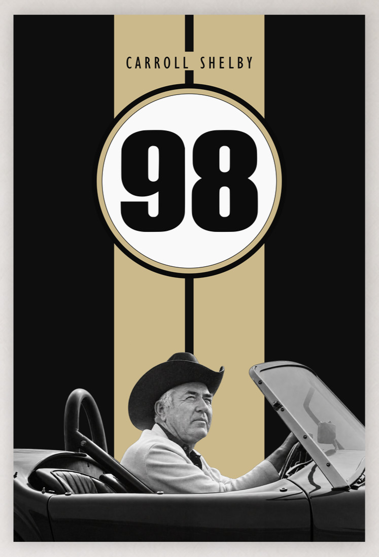 24X36 CARROLL SHELBY 98 COBRA RVEN BLACK ON GOLD HERTZ EDITION STRIPED POSTER
