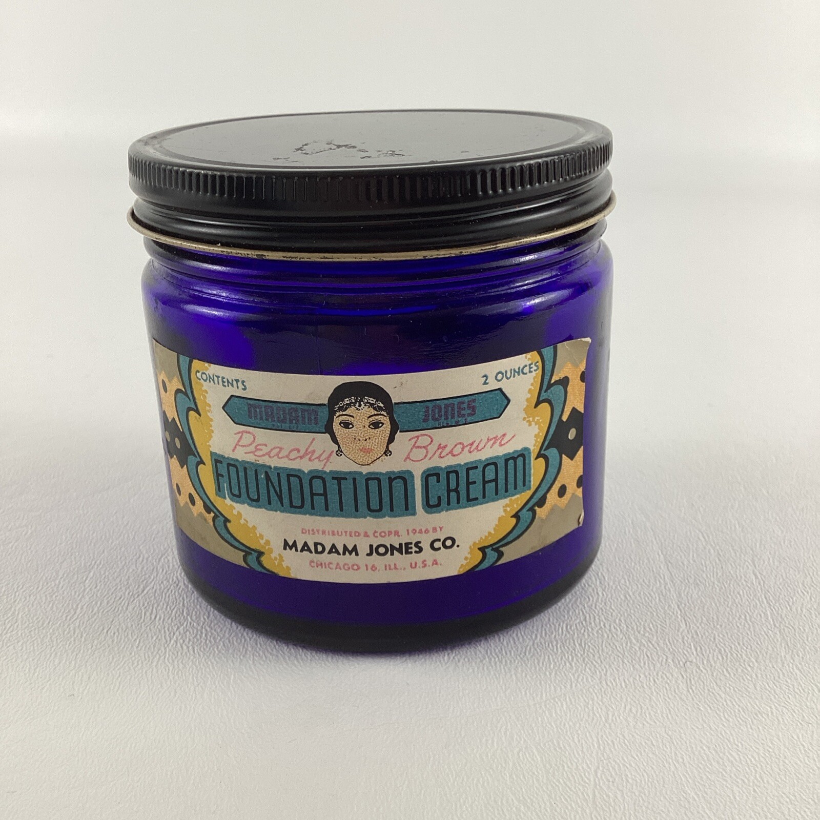 Madam Jones Peachy Brown Foundation Cream Cobalt Blue Jar Antique Vintage 1946 Madam Jones Peachy Brown Foundation Cream Cobalt Blue Jar Antique Vintage 1946