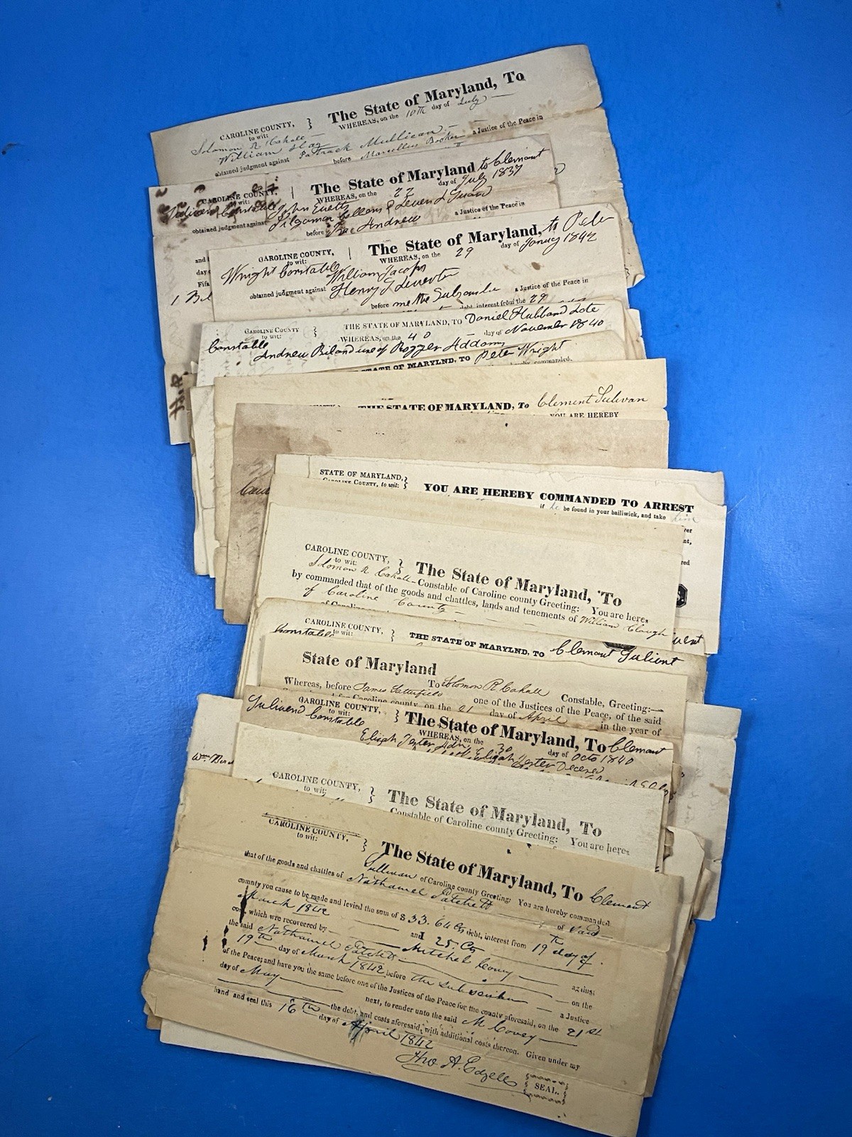 A Lot of 42 Caroline County, Maryland 1840\'s Court Summons of Various Sizes