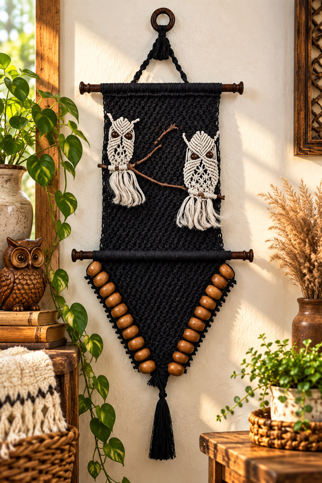 Vintage 1970s Macrame Owl Wall Hanging 34\